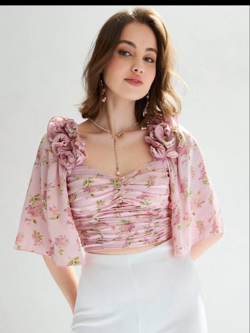Pink Floral Ruching Crop Top with Rosette Shoulder Details